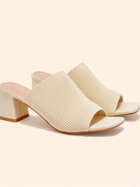 Cream Knit Open-Toe Block Heel Mules